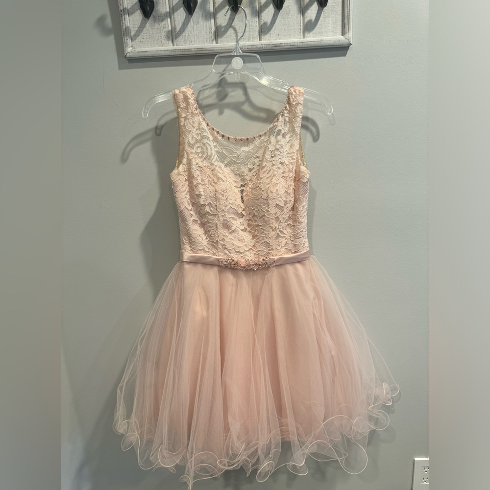 Baby Pink/Peach Sleeveless Mini Dress with lace detailing and tulle skirt.